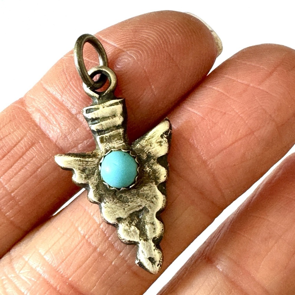 Navajo Turquoise Arrowhead Pendant 1.25in Signed RT Sterling MATTE Dark Charm‎